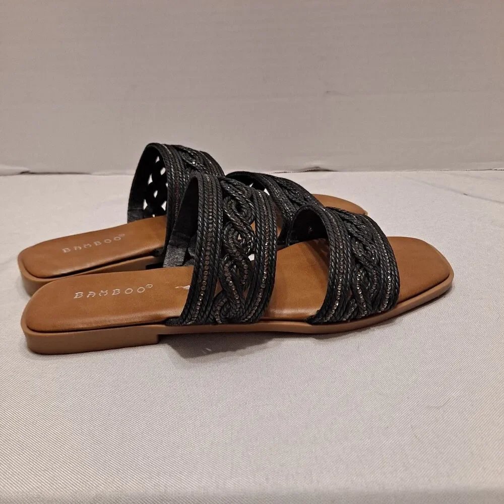 Bamboo Women's Braided Rhinestone Sandals Size 7.5 Black 2-Straps Slides